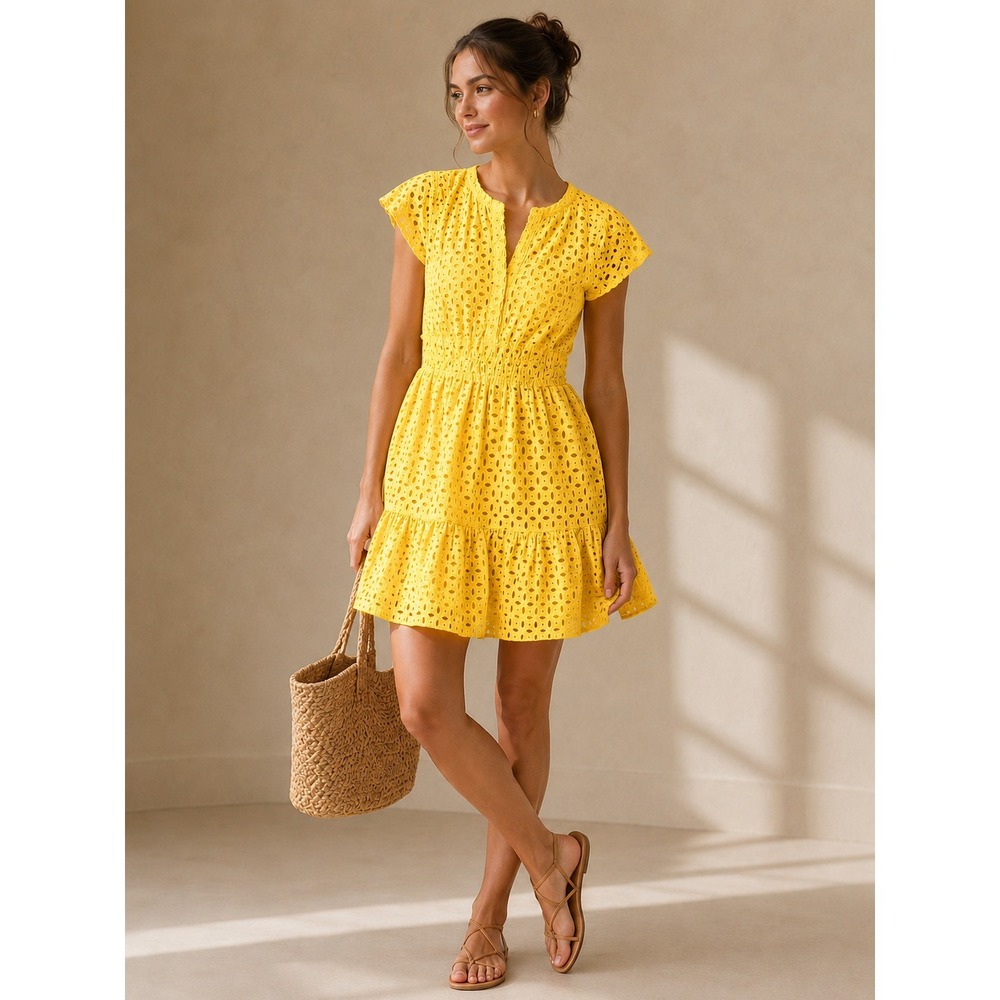 By Anthropologie Mini Dress Sz XS Lemon Yellow Eyelet Tiered Coastal Summer
